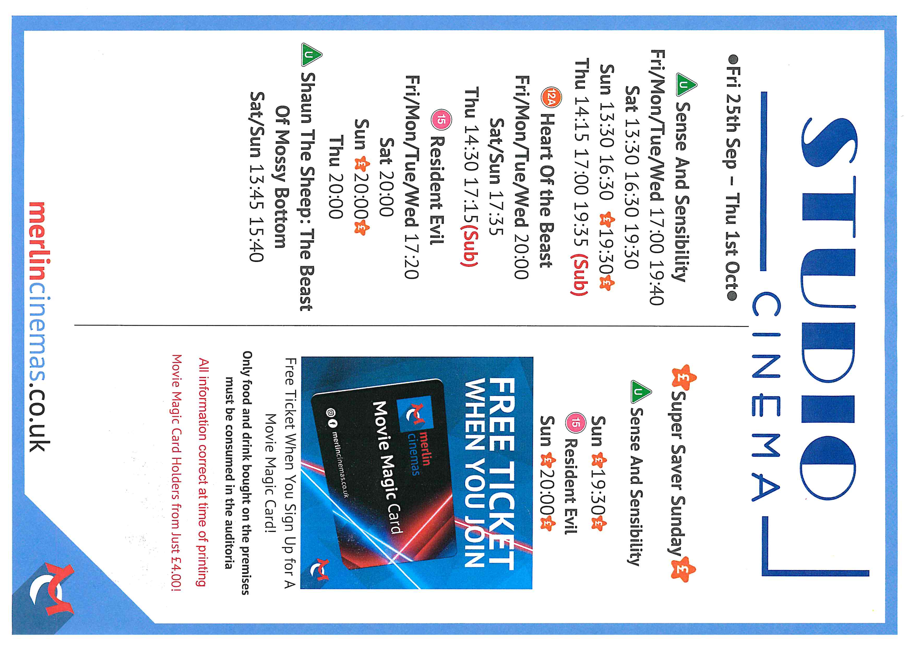 Studio Cinema Listings Fri 25th - 1st October 